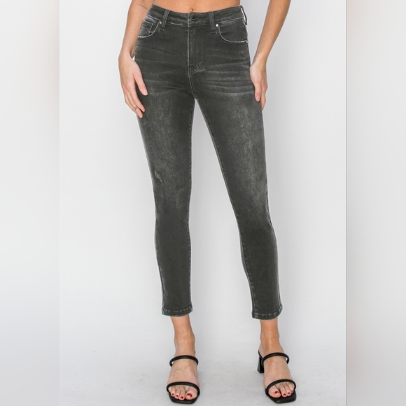 RISEN Denim - RISEN Skinny High-Rise Waist Distressed Ankle Hem Jeans Slim Black Denim Pants